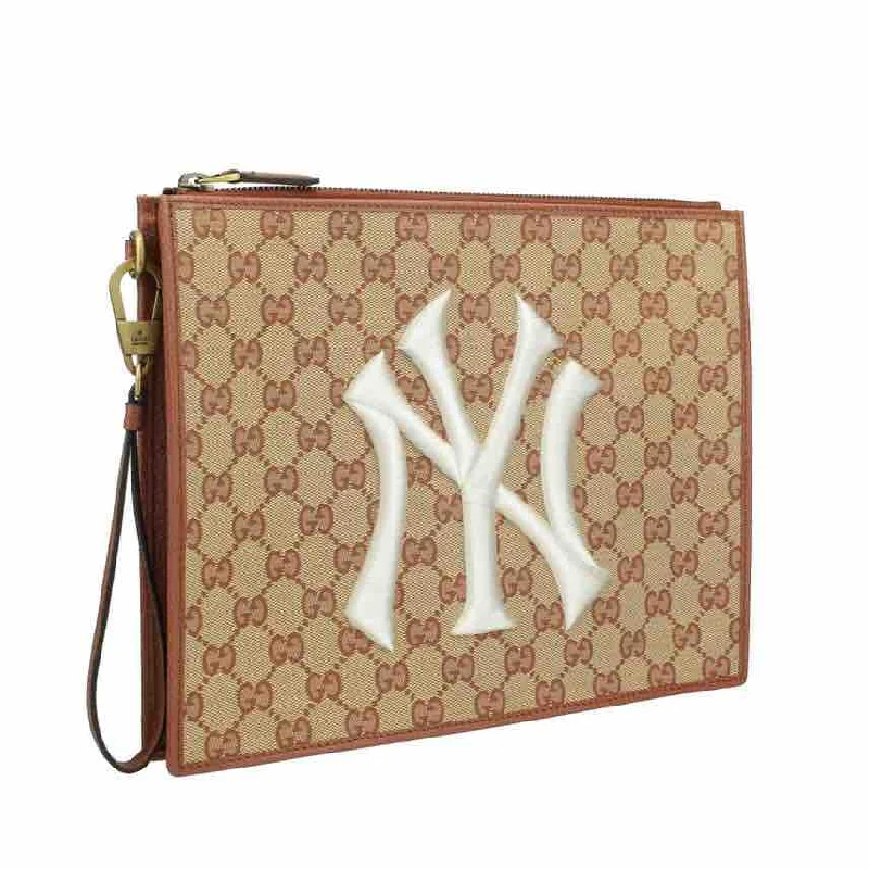 Gucci GG Supreme Canvas NY Yankees Zip Wristlet Pouch, Brown Leather