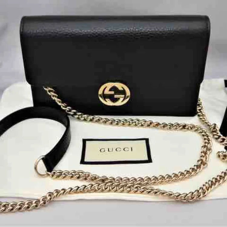 Gucci Interlocking GG Crossbody Wallet On Chain, Black Leather