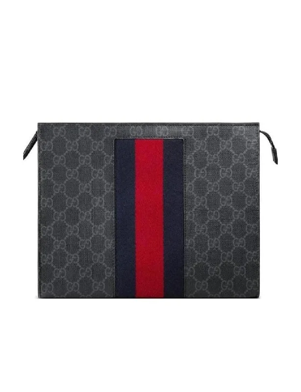 Gucci GG Supreme canvas clutch bag with striped webbing