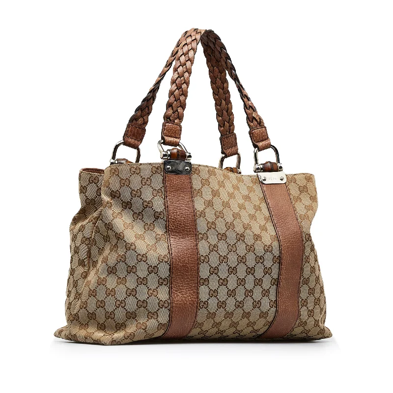 Tan Gucci Medium GG Canvas Bamboo Bar Tote