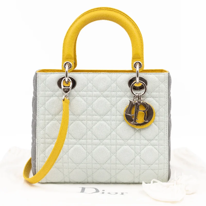 Lady Dior Medium Tri-Color White Grey Yellow Caviar