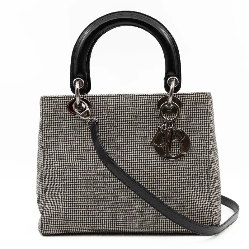 Lady Dior Medium Houndstooth Black White Canvas