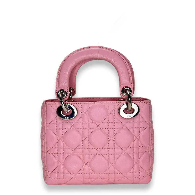 Lady Dior Mini Pink Top Handle Bag in Calfskin, Silver hardware