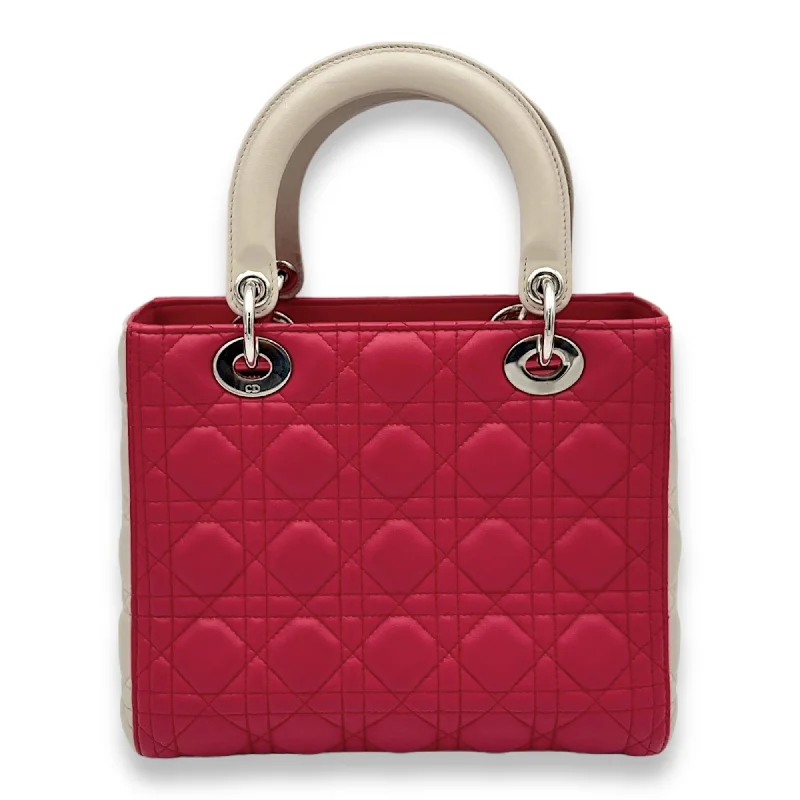 Lady Dior Medium Pink Top Handle Bag in Lambskin, Silver hardware