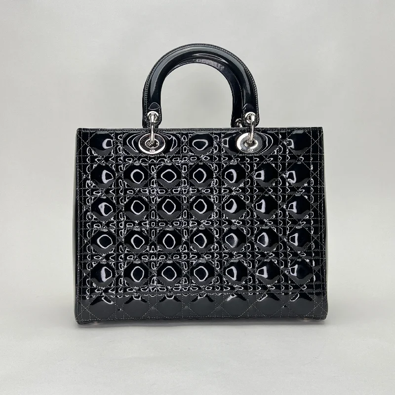 Lady Dior Large Black Top Handle Bag in Patent Leather, Silver hardware