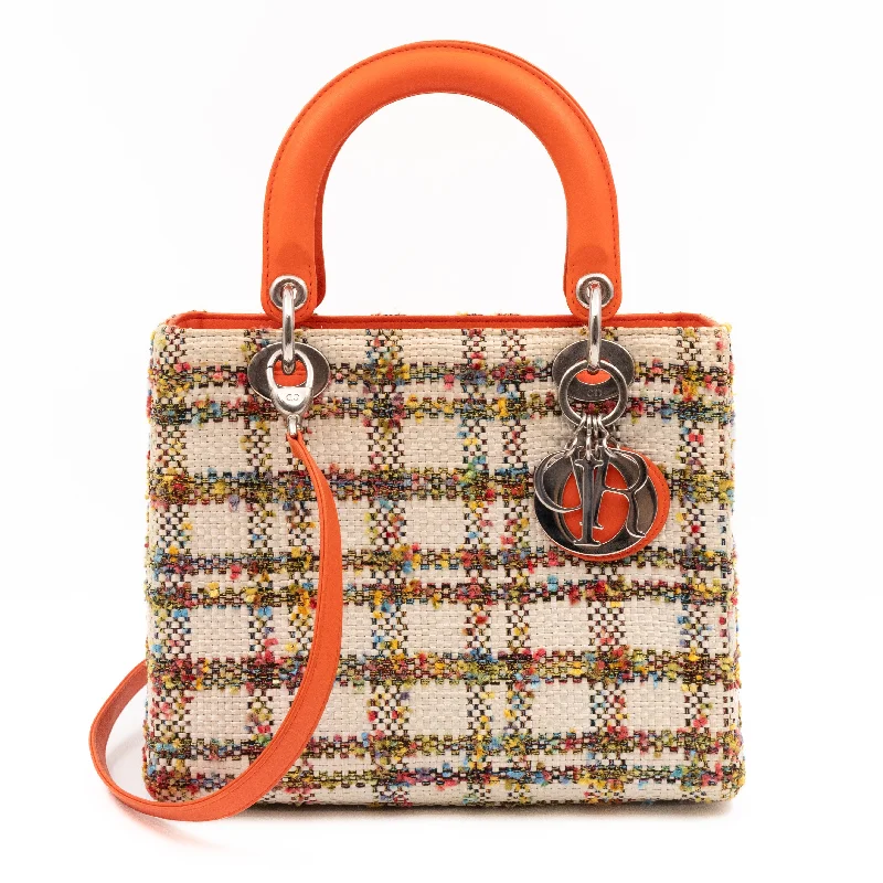 Lady Dior Medium Cream Raffia Tweed Orange Leather