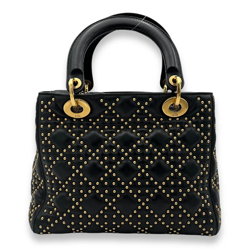 Studded Lady Dior Medium Black Top Handle Bag in Calfskin, Gold hardware