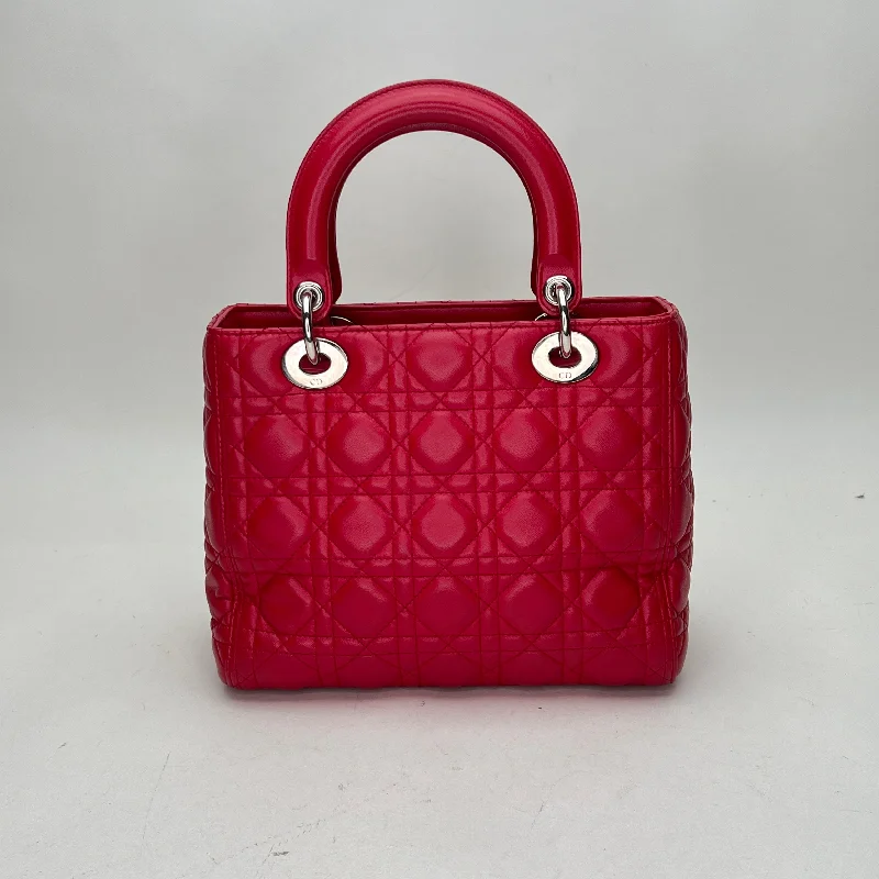 Lady Dior Medium Medium Red Top Handle Bag in Lambskin, Silver hardware