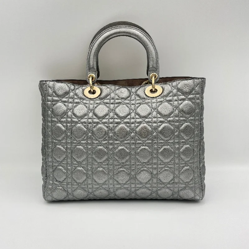 Lady Dior Large Silver Top Handle Bag in Calfskin, Gold hardware