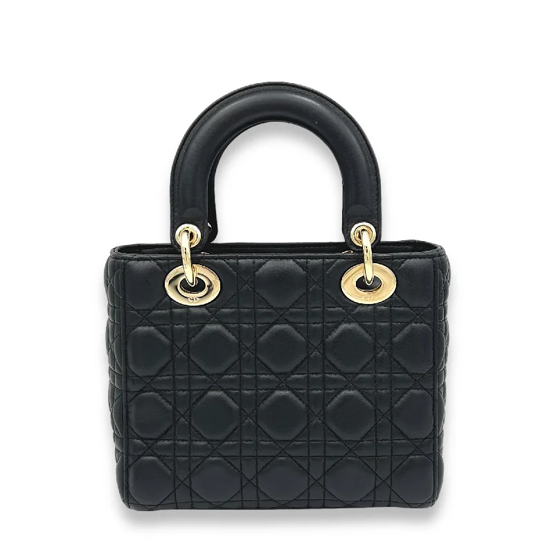 Lady Dior Small Black Top Handle Bag in Lambskin, Light Gold hardware