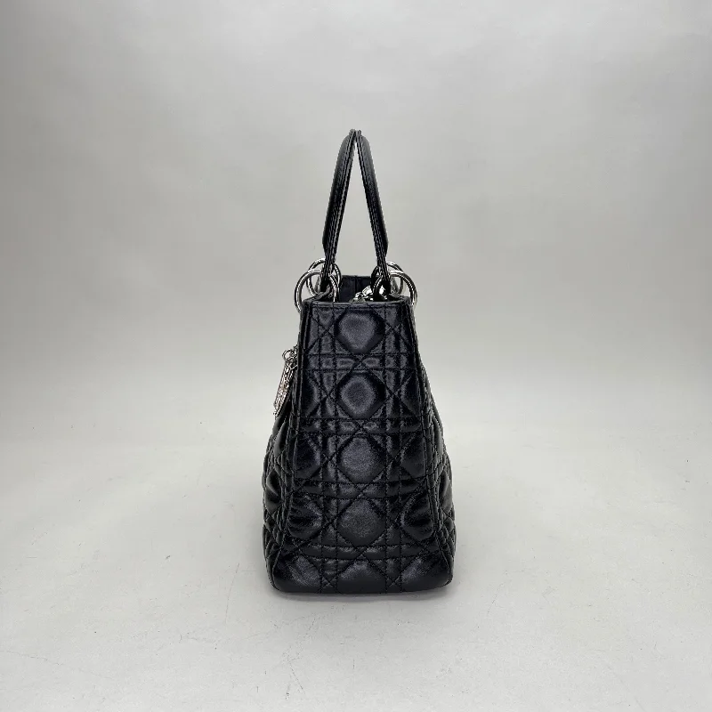 Lady Dior Medium Black Top Handle Bag in Lambskin, Silver hardware